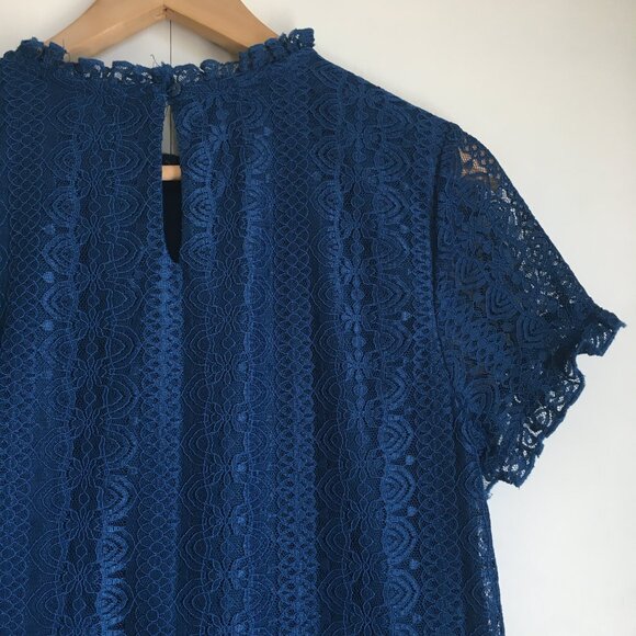 Cable & Gauge Peacock Blue Lacy Short Sleeve Lolita Mock Neck Top - Picture 7 of 16